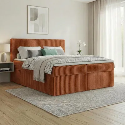 Produktbild von Boxspringbett RALF  160 x 200 cm mit Bettkasten, Topper und gepolstertem Kopfteil. Farbe:  Braun, Härtegraden:  H4 , Topper: Visco-Topper