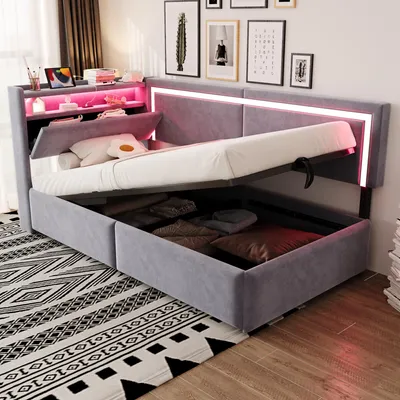 Image de Canapé-lit 90x200 cm, avec éclairage LED, avec port USB, avec espace de rangement, avec étagères, de couleur gris foncé