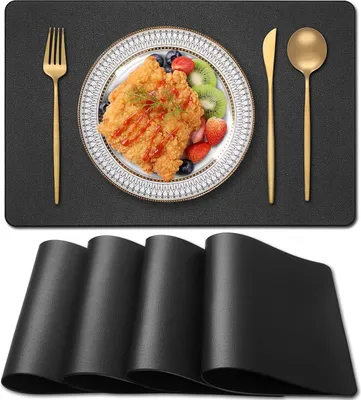 Produktbild von Tischsets Abwaschbar,Platzsets 4er Set,wasserdichte und abwischbare,hitzebeständige doppelseitige PVC-Platzdeckchen,geeignet für Küche,Esstisch,Esszimmer 45cm*30cm(Schwarz)