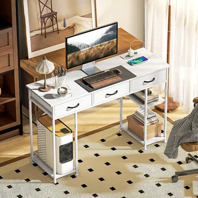 Produktbild von Schreibtisch mit USB-Ladestation, Bürotisch Stoffschubladen, Spanplatte Weiß | 120x40x76 cm | 2 USB + 2 Steckdosen | 4 Regale