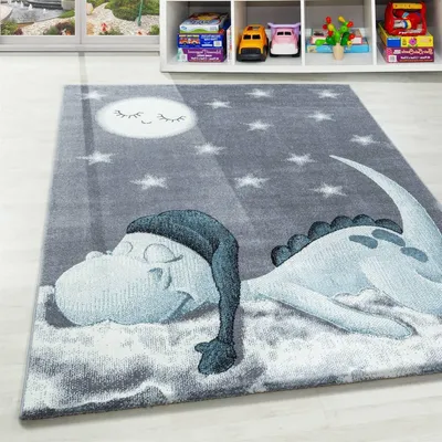 Produktbild von Kinderteppich fürs Babyzimmer mit Dino-Muster, Grau, Blau, Weiß 160 x 230 cm
