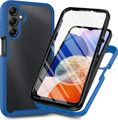 A protective phone case is shown disassembled, with the phone inside the transparent front cover and the blue bumper frame separate.