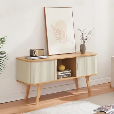 Image de Armoire TV 'Tysvær' avec 2 portes coulissantes 120 x 40 x 58 cm bambou / blanc crème