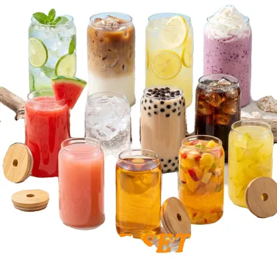 Imagen del producto de Vasos de vidrio, tapas de bambú, cepillo de limpieza, juego de 12 unidades, capacidad de 401-500 ml