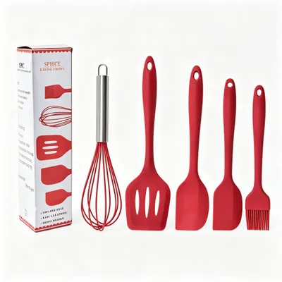 Produktbild von 5-teiliges Küchenhelfer-Set - Hitzebeständig und antihaftbeschichtet - Zum Kochen und Backen - Rot - Silikonspatel, Wender, Schneebesen und Ölpinsel