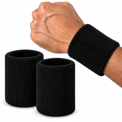 Produktbild von Schweißband/Pulswärmer 2er Set – Frottee Handgelenkband für Sport & Fitness – rutschfest, Saugstark & Bequem – Schwarz