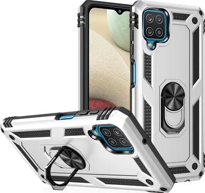 Image de Étui pour Galaxy A12 5G étui de protection militaire double couche avec support d'anneau et support Argent