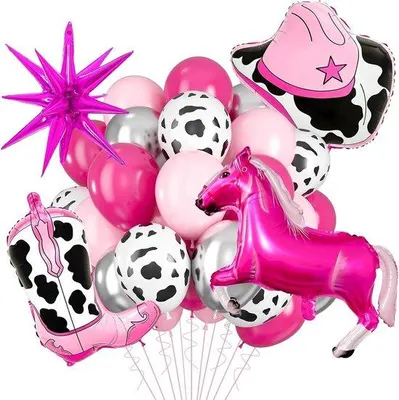 Produktbild von Westernfeestballonnen-Set mit Pferd und Rodeo-Thema, 20 Stück, Latex, 1:1 mit Stiefeln, Hut und Sternen.