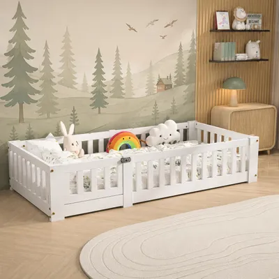 Produktbild von INONEFT Bodenbett 80x160 cm mit Rausfallschutz,Kinderbett mit Abnehmbare Turverkleidung, Montessori bed, Massivholz, ohne Matratze, Weiß, KI-generiertes Bild