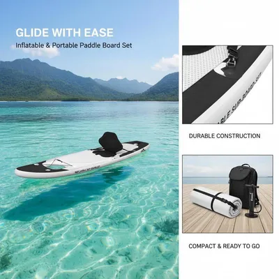 Zdjęcie produktu dla Pływająca deska do paddleboardingu, nadmuchiwana, wykonana z PVC, idealna dla początkujących, kolor: czarno-biała