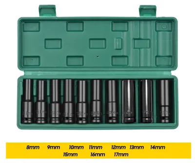 Produktbild von 1/2-Zoll-Sechskant-Schlagschraubendreher-Steckschlüsselsatz, 10-teilig, tiefe Steckschlüssel, metrische Größen 8–17 mm, CR-V-Material, mit Aufbewahrungsbox