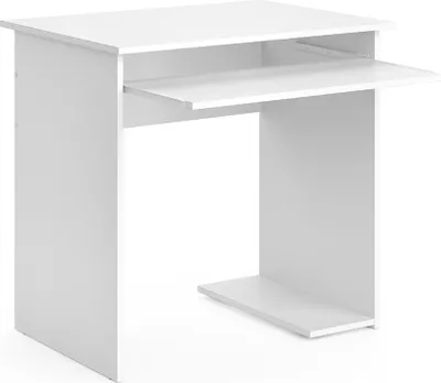 A white desk with a pull-out keyboard tray, shown from a slightly angled front view against a white background.
