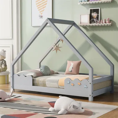Produktbild von Kinderbett Hausbett Kinderbett 80x160cm mit Rausfallschutz Spielbett, Jugendbett Massivholz