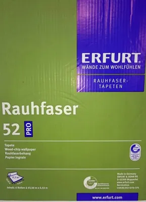 The image shows the packaging of Erfurt Rauhfaser wallpaper.