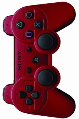 A red Sony DualShock 3 wireless controller for the PlayStation 3.