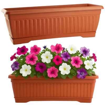 Zdjęcie produktu dla ZESTAW 2 SKRZYNEK BALKONOWYCH TERRA 50x19 cm TERAKOTA Z PODSTAWKAMI NA BALKON TARAS