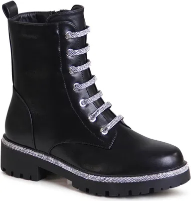 A black women's boot with silver glitter accents on the laces and sole.