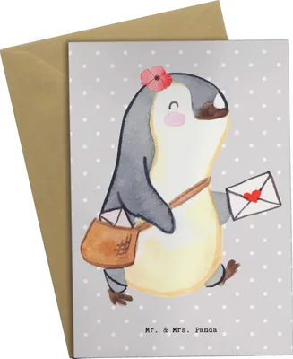 Produktbild von Mr. & Mrs. Panda Grußkarte Postbotin Herz - Grau Pastell - Geschenk, hochzeitskarten, Briefzustellerin, Briefträgerin, Liebe, babykarte, einladungskarten, dankeskarten