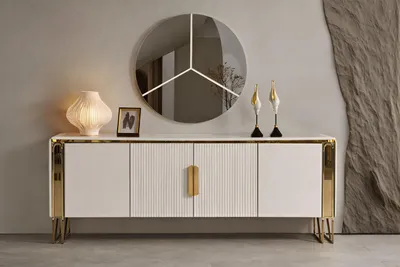 Obrázok produktu pre Elegantná konzola s okrúhlym zrkadlom v bielom a zlatom, s elegantným dizajnom