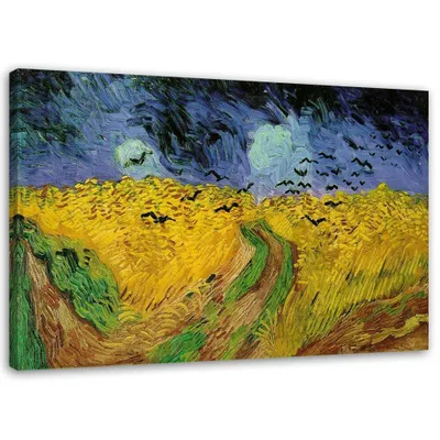 Produktbild von Leinwandbild weizenfeld mit raben - v. van gogh reproduktion 90x60 cm Feeby gelb wandbild bereit zum aufhängen