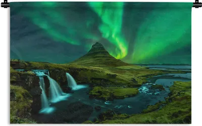 Produktbild von MuchoWow® Wandteppich Wandbehang Nordlichter - Wasserfall - Berg - Island 150x100 cm Tapisserie Dekoration Wandtuch - Waschbar - Tapisserien - Wand-Decke