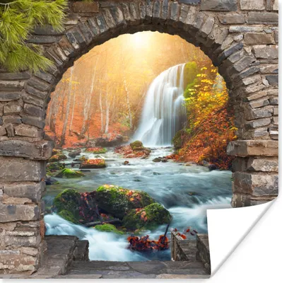 Produktbild von MuchoWow® Poster Aussicht - Wasserfall - Herbst - Landschaft 50x50 cm - Wohnzimmerdekoration