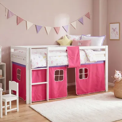 Produktbild von Homestyle4u Hochbett 90x200 Kinder ohne Lattenrost mit Rausfallschutz mit Leiter Vorhang Pink Mädchen Massivholz Kiefer Weiß