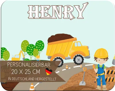 Produktbild von Kinder Frühstücksbrettchen  Baustelle   mit Name personalisiert, Kunststoff, 20x25 cm