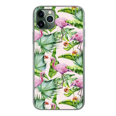 Produktbild von MuchoWow® Handyhülle Schutzhülle Hülle für iPhone 11 Pro Max Flamingo - Pflanzen - Muster Silikon Softcase Handy Hülle - Schutz