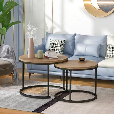Image de okwish Lot de 2 tables basses rondes gigognes pour salon, tables d’appoint modernes, couleur bois naturel