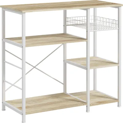 Produktbild von HOMCOM Modernes Küchenregal, Küchenregal mit 1 Korb, 4 S-Haken, 6 verstellbaren Fußpolstern und Ablagen, 90 x 40 x 84,5 cm, Eiche und Weiß