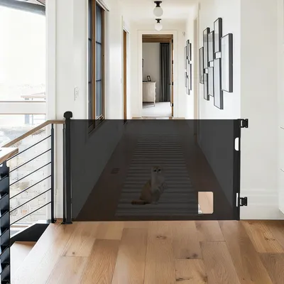 Produktbild von Treppenschutzgitter Ausziehbar 0-150cm,Türschutzgitter Ohne Bohren Treppengitter mit Katzentür Haustiertür,Einhändiges Öffnen,für Treppen/Türen