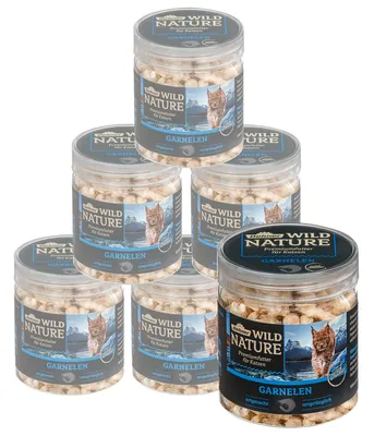 Produktbild von Dehner Wild Nature Katzensnack, Premium Leckerli glutenfrei / zuckerfrei, für ernährungssensible Katzen, gefriergetrocknet, Garnelen, 6 x 20 g (120 g)