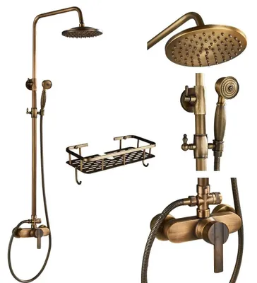 Immagine prodotto di Miscelatore per doccia, finitura in ottone anticato, design a due manopole, stile antico