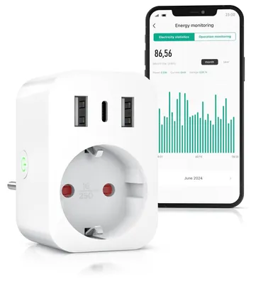 Obrázek produktu pro Cena Wi-Fi s USB – Smart Life – Měření spotřeby elektrické energie – USB nabíječka – Dálkové ovládání Wi-Fi přes aplikaci Smart Life – Hlasové ovládání přes Alexa a Google Home – Měřič spotřeby energie