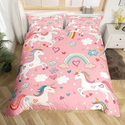 Obrázok produktu pre Sada posteľnej bielizny s motívom jednorožca, 200x200 cm, 2 vankúšové obliečky 80x80 cm, mikrovlákno, viacfarebná