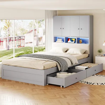 Produktbild von Merax Holzbett 90x200cm mit LED Beleuchtung, Einzelbett mit 2 Schubladen und Ablagefächern, Jugendbett mit Steckdose und gepolstertem Kopfteil, Grau