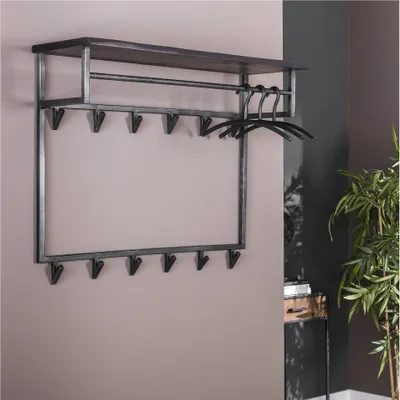 Produktbild von Wandgarderobe Garderobe YUKON 12 Haken Hutablage Stahl Akazie Schwarz