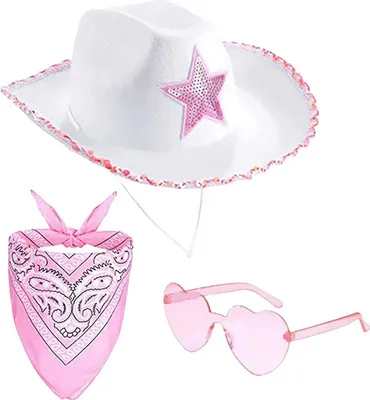 Produktbild von 3-teiliges Cowboyhut-Set für Damen, rosa, Western-Fellhut mit Bandana, Brille, Zubehör, Kopfbedeckung