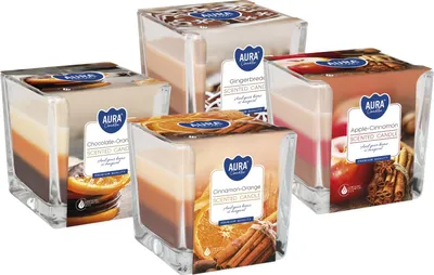 Zdjęcie produktu dla ZESTAW Świeca zapachowa w szkle trójkolorowa BISPOL Aura 32H MIX "5" 4szt.