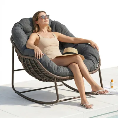 Produktbild von LVHOM Schaukelsessel Garten mit gepolstertem Kissen, Rattanstuhl mit Stahlrahmen, Schaukelstuhl Outdoor Loungesessel, Sessel für Balkon, Dunkelgrau