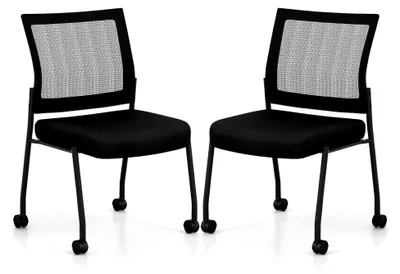 Produktbild von 2er Set Konferenzstühle, stapelbare Besucherstühle mit Rollen, Netzrücken und gepolsterter Sitzfläche, armlose Stapelstühle für Büro und Konferenzen, Schwarz