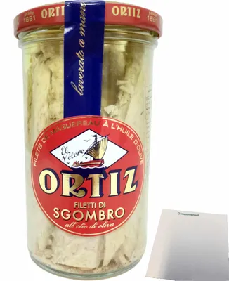 Produktbild von Conservas Ortiz Filetti di Sgombro Makrelenfilets in Olivenöl (250g Glas) + usy Block