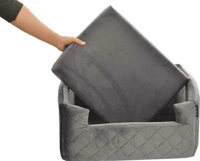 Produktbild von BoutiqueZOO Hundesitz Auto M 47x40x25 cm | Grau Velvet Autositz für Hunde & Katzen | Mit Kissen & Leinen | Rutschfest & Waschbar