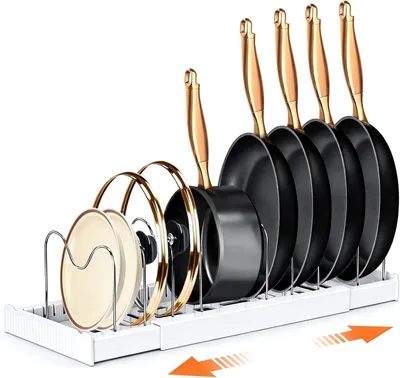 Image de Support coulissant pour couvercles de casseroles, pour cuisine, de 32 à 57 cm, blanc, avec 2 éponges à vaisselle et 9 compartiments réglables