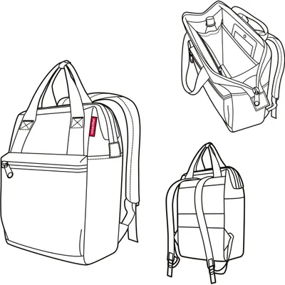 A collage of line drawings showing different views of a backpack.