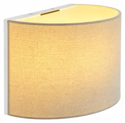 Productafbeelding van Relaxdays Wandlamp, stoffen kap, halfrond, Scandinavisch design, E14-fitting, wandlamp, afmetingen: 18 x 25 x 12,5 cm, messing/beige, AI-gegenereerde afbeelding