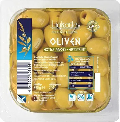Produktbild von Liakada Grüne Oliven extra groß entsteint 200 G Klarsichtpackung  Vegan Glutenfrei  Fruchtig, leicht bitter, würzige Note