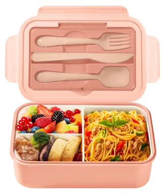 Bento-Box 1400 ml mit Besteck, 3 Fächer, rosa, mikrowellengeeignet