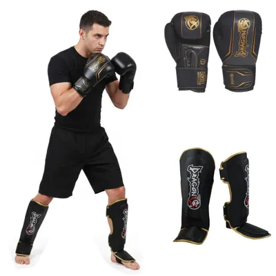 Produktbild von Dragon do Boxen Kickboxen Set Boxhandschuhe 8-16 oz Schienbeinschoner Profi Ausrüstung für Muay Thai MMA Boxsack-Training Sparring Kampfsport (Legacy 2er-Set: Handschuhe-Schienbeinschoner, 14 Oz)